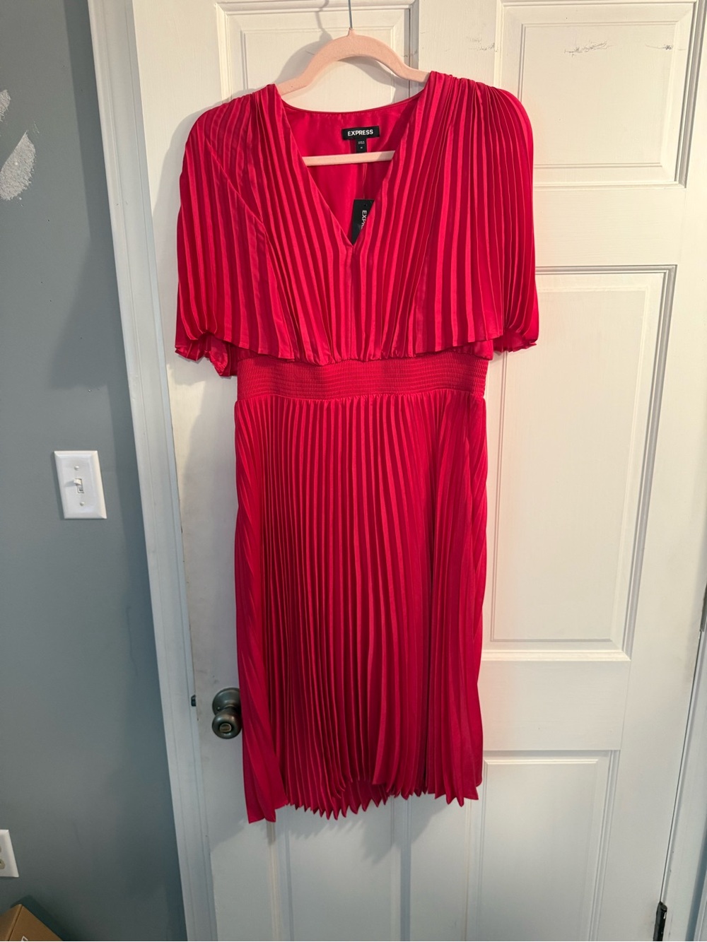 Express Hot Pink Pleated V-Neck Midi Dress